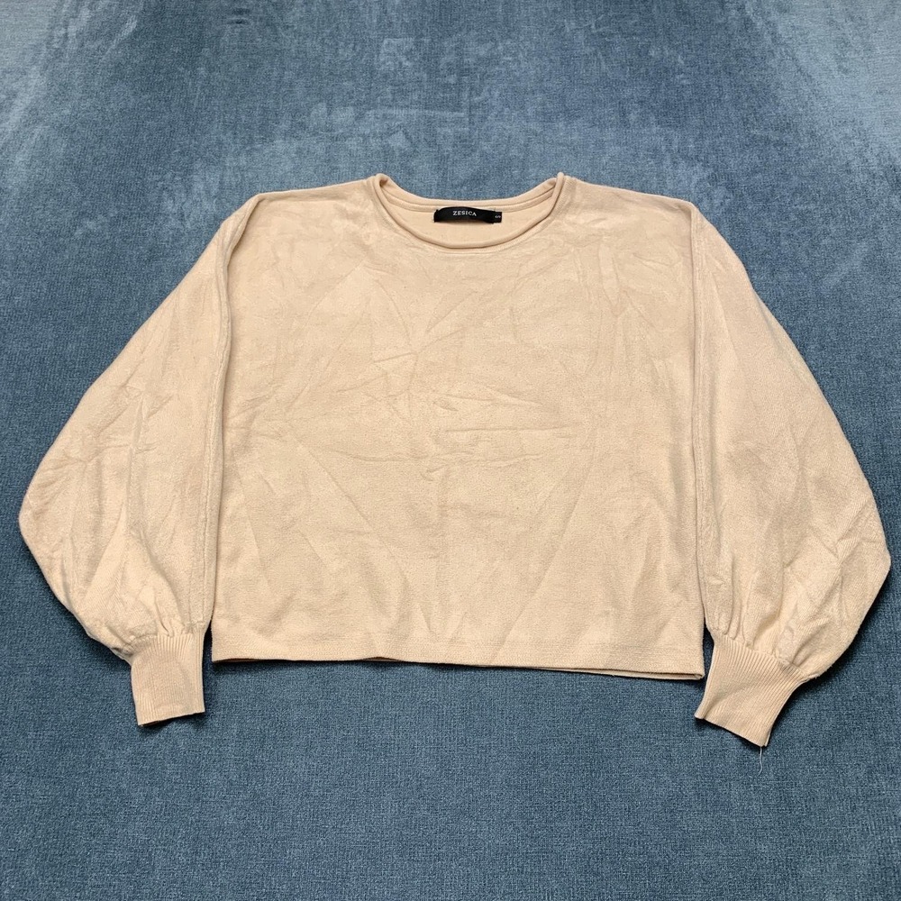 ZESICA Cropped Sweater Womens Small Beige Rayon Puff Sleeve Tight Knit Outdoor
